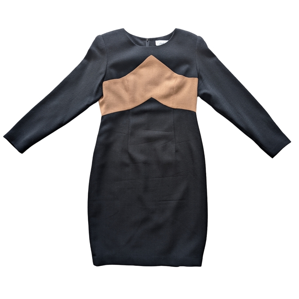 Vintage Jackie K Women's Size 8 Wool Black Tan Long‎ Sleeve Dress w Shoulder Pad
